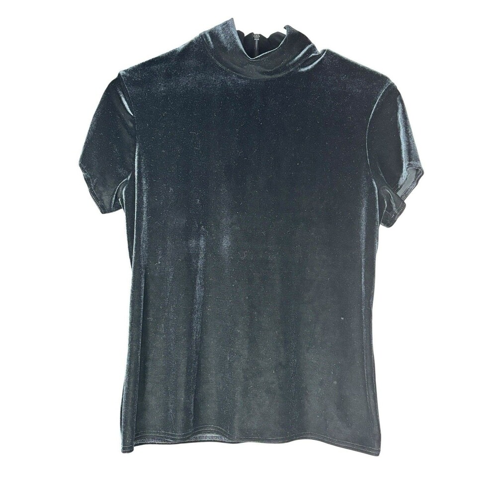Hampton Nites Black Velvet Mock Neck Short Sleeve Top‎ Women's Medium Stretch